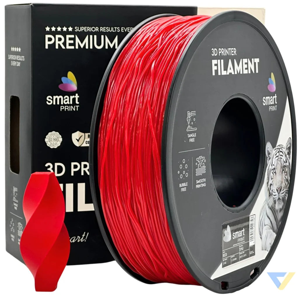 Smart Print TPU is flexible and wear-resistant, ideal for seals, gaskets, cases, and mounts. Special inhibitors improve strength and color. Print slowly with proper filament path for best results.