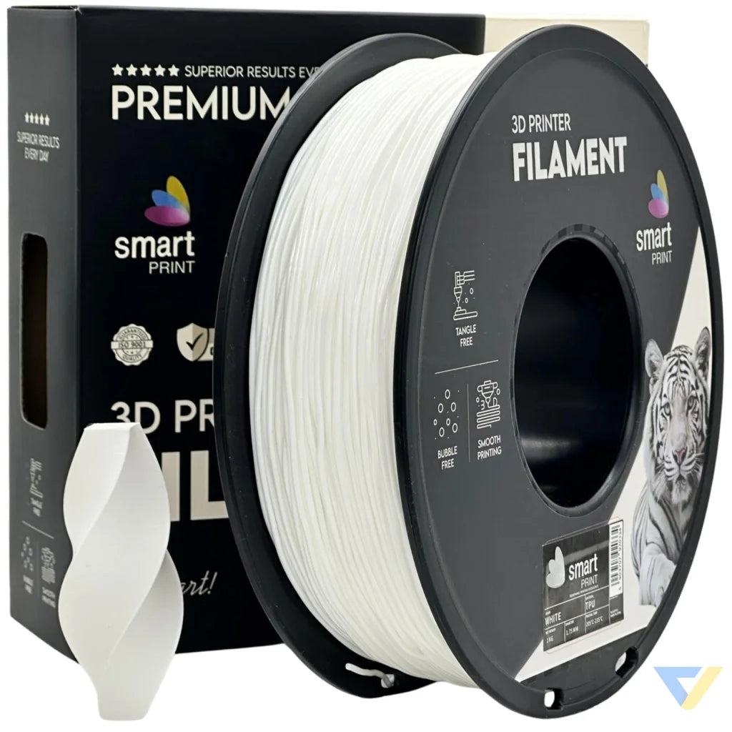 Smart Print TPU is flexible and wear-resistant, ideal for seals, gaskets, cases, and mounts. Special inhibitors improve strength and color. Print slowly with proper filament path for best results.