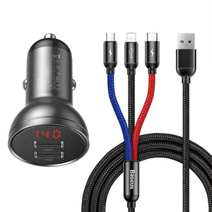 Baseus auto laadija koos ekraaniga 24W + USB-kaabel 3in1 Baseus Three Primary Colors 1,2m