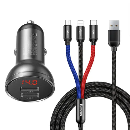 Bil-laddare Baseus med display 24W + USB-kabel 3i1 Baseus Three Primary Colors 1,2m