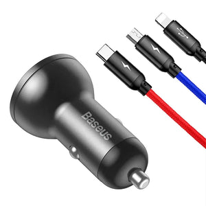Baseus auto laadija koos ekraaniga 24W + USB-kaabel 3in1 Baseus Three Primary Colors 1,2m