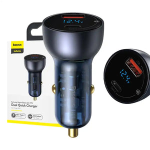 Baseus Particular Digital Display bil-laddare med display, USB + USB-C, QC3.0+PD, 5A, 65W (grå)