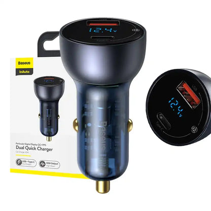 Baseus Particular Digital Display bil-laddare med display, USB + USB-C, QC3.0+PD, 5A, 65W (grå)