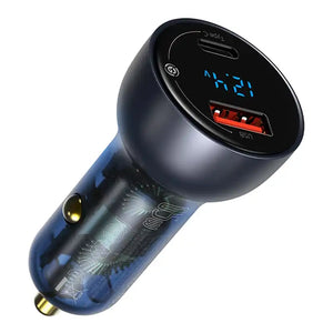 Ładowarka samochodowa Baseus Particular Digital Display z wyświetlaczem, USB + USB-C, QC3.0+PD, 5A, 65W (szara) + kabel USB-C 1m 100W (czarny)