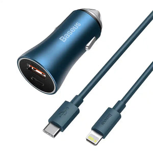 Baseus Golden Contactor Pro billaddare, USB + USB-C, QC4.0+, PD, SCP, 40W (blå) + USB-C - Lightning-kabel 1m (blå)