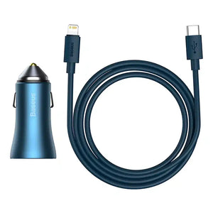 Baseus Golden Contactor Pro billaddare, USB + USB-C, QC4.0+, PD, SCP, 40W (blå) + USB-C - Lightning-kabel 1m (blå)