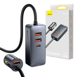 Bil-laddare Baseus Share Together med förlängningssladd, 3x USB, USB-C, 120W (grå)