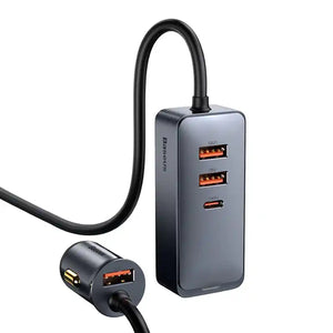 Bil-laddare Baseus Share Together med förlängningssladd, 3x USB, USB-C, 120W (grå)
