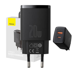 Baseus Kompakt Snabbladdare, USB, USB-C, 20W (svart)