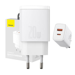 Baseus Kompakt Snabbladdare, USB, USB-C, 20W (vit)