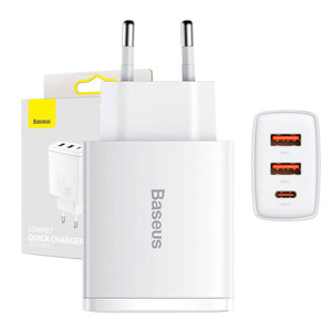 Seinalaadija Baseus Compact Quick Charger, 2xUSB, USB-C, PD, 3A, 30W (valge)