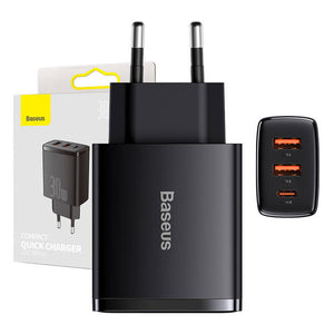 Laddare Baseus Compact Quick Charger, 2xUSB, USB-C, PD, 3A, 30W (svart)