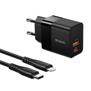 Sienas lādētājs Mcdodo CH-1952 USB + USB-C, 20W + USB-C uz Lightning kabelis (melns)