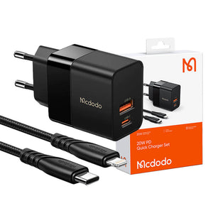 Sienas lādētājs Mcdodo CH-1952 USB + USB-C, 20W + USB-C uz Lightning kabelis (melns)
