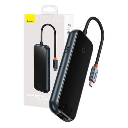 Hub 5in1 Baseus AcmeJoy -sarja USB-C:stä 2xUSB 3.0 + USB 2.0 + USB-C PD + RJ45 (tummanharmaa)