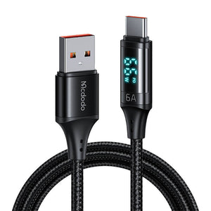 USB uz USB-C kabelis Mcdodo CA-1080 ar displeju, 66W, 6A, 1.2m (melns)