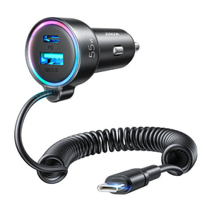 Billaddare Joyroom JR-CL07, 3-i-1, 1x USB + 1x PD, 55W + Type-C-kabel (svart)
