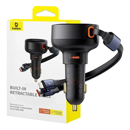 Auton laturi Baseus Enjoyment USB-C USB-C-kaapelilla ja Lightningilla 60W (musta)