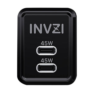 Vægoplader INVZI GaN 2x USB-C, 45W, EU (sort)
