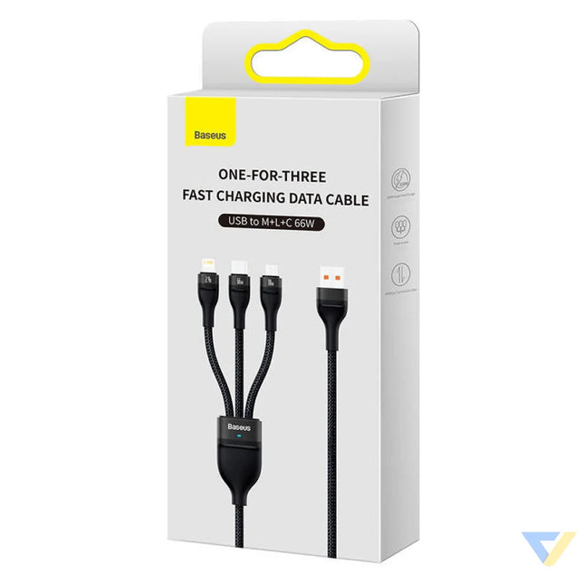 3in1 USB cable Baseus Flash II Series USB C + micro USB + Lightning 66W 1.2m (Black) Combo Cables
