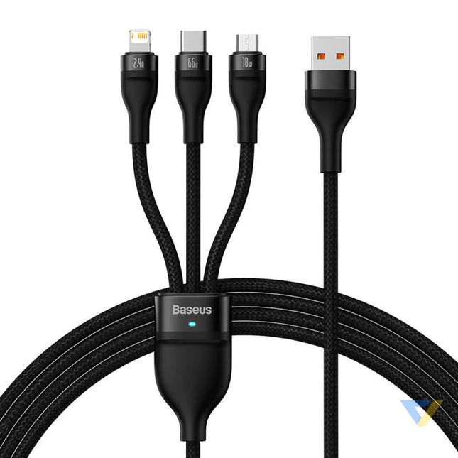 3in1 USB cable Baseus Flash II Series USB C + micro USB + Lightning 66W 1.2m (Black) Combo Cables
