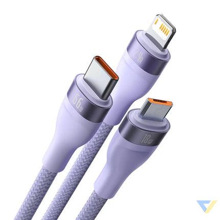 3in1 USB cable Baseus Flash II Series USB C + micro USB + Lightning 66W 1.2m (Purple) Combo Cables