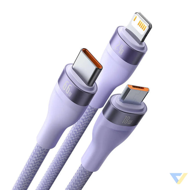 3in1 USB cable Baseus Flash II Series USB C + micro USB + Lightning 66W 1.2m (Purple) Combo Cables