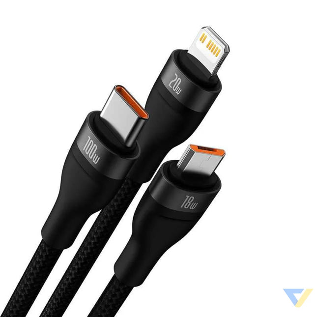 3in1 USB cable Baseus Flash Series 2 USB C + micro USB + Lightning 100W 1.2m (black) Combo Cables