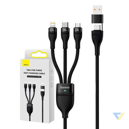 3in1 USB cable Baseus Flash Series 2 USB C + micro USB + Lightning 100W 1.2m (black) Combo Cables