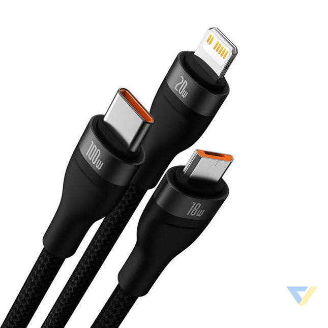 3in1 USB cable Baseus Flash Series 2 USB C + micro USB + Lightning 100W 1.2m (black) Combo Cables