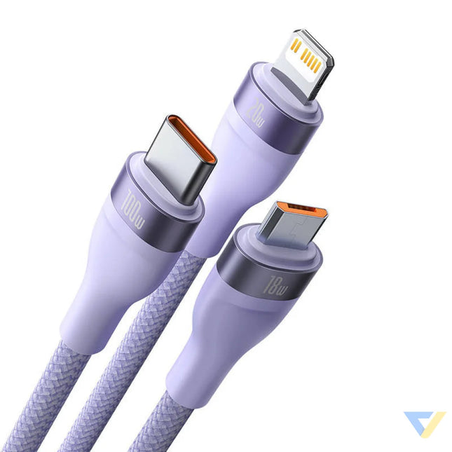 3in1 USB cable Baseus Flash Series 2 USB C + micro USB + Lightning 100W 1.2m (purple) Combo Cables