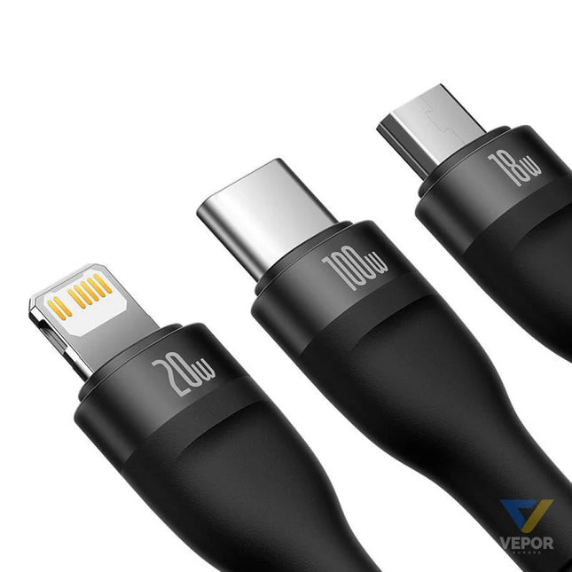 3in1 USB cable Baseus Flash Series 2 USB C + micro USB + Lightning 100W 1.5m (black) Combo Cables