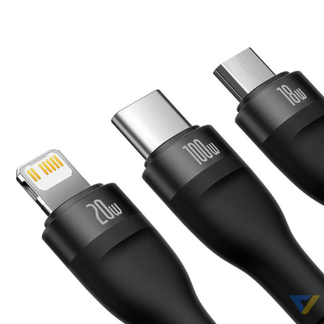 3in1 USB cable Baseus Flash Series 2 USB C + micro USB + Lightning 100W 1.5m (black) Combo Cables