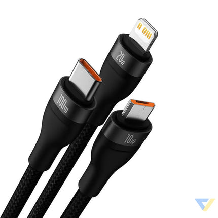 3in1 USB cable Baseus Flash Series 2 USB C + micro USB + Lightning 100W 1.5m (black) Combo Cables
