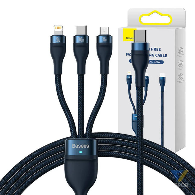 3in1 USB cable Baseus Flash Series 2 USB C + micro USB + Lightning 100W 1.5m (blue) Combo Cables