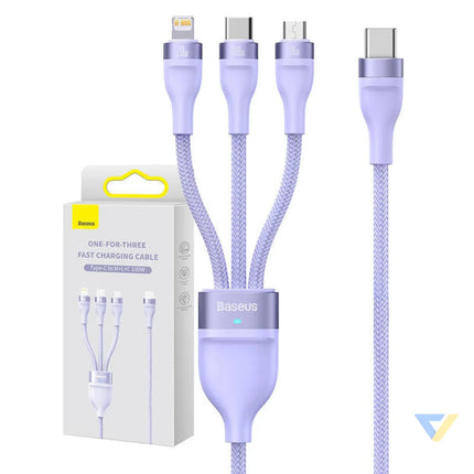 3in1 USB cable Baseus Flash Series 2 USB C + micro USB + Lightning 100W 1.5m (purple) Combo Cables