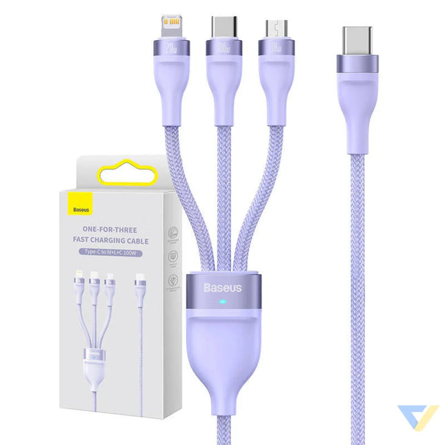3in1 USB cable Baseus Flash Series 2 USB C + micro USB + Lightning 100W 1.5m (purple) Combo Cables