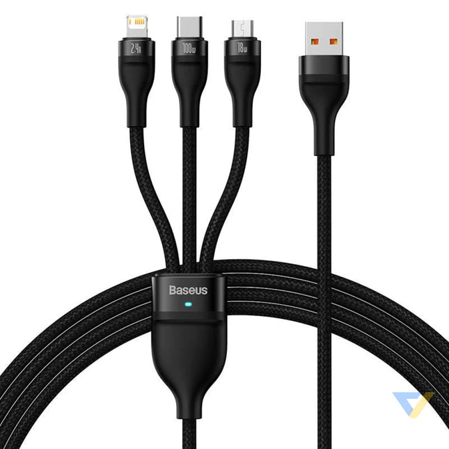 3in1 USB cable Baseus Flash Series USB C + micro USB + Lightning 100W 1.2m (black) Combo Cables