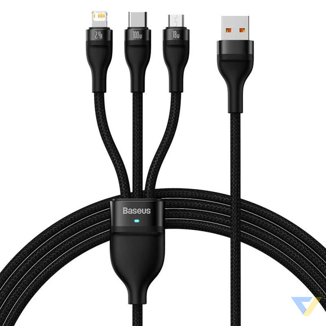 3in1 USB cable Baseus Flash Series USB C + micro USB + Lightning 100W 1.2m (black) Combo Cables