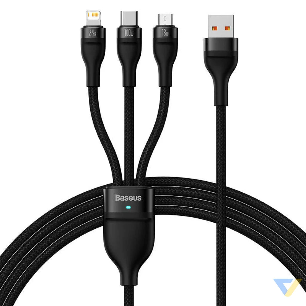 3in1 USB cable Baseus Flash Series USB C + micro USB + Lightning 100W 1.2m (black) Combo Cables