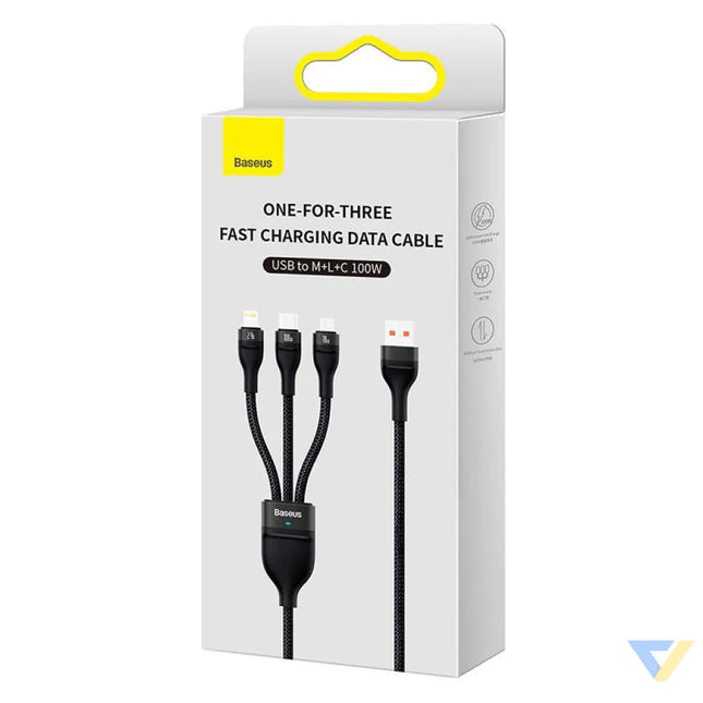 3in1 USB cable Baseus Flash Series USB C + micro USB + Lightning 100W 1.2m (black) Combo Cables