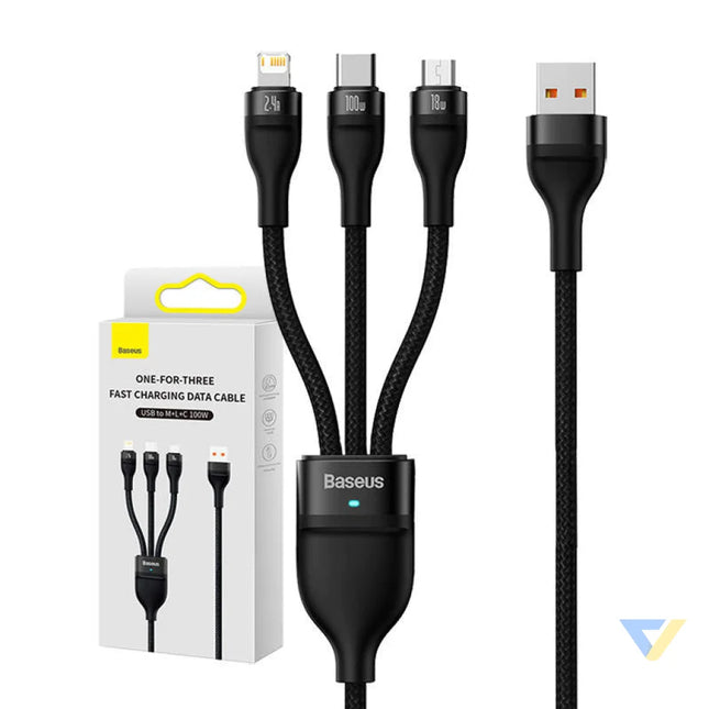 3in1 USB cable Baseus Flash Series USB C + micro USB + Lightning 100W 1.2m (black) Combo Cables