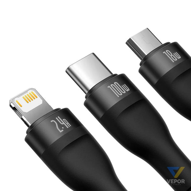 3in1 USB cable Baseus Flash Series USB C + micro USB + Lightning 100W 1.2m (black) Combo Cables