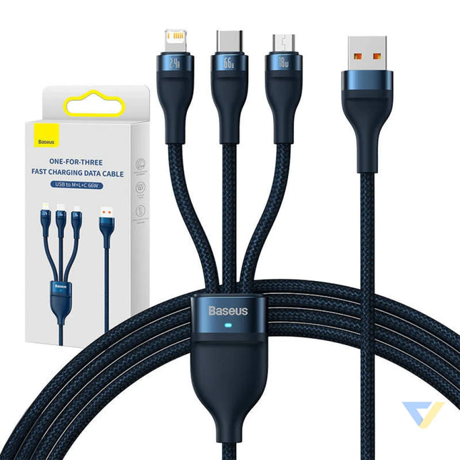3in1 USB cable Baseus USB 3in1 Baseus Flash Series USB C + Micro + Lightning 66W 1.2m (blue) Combo Cables