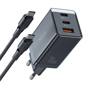 GaN Mcdodo CH-1543 tīkla lādētājs, 2x USB-C, 1x USB, 67W + USB-C uz USB-C 2m kabelis (melns)