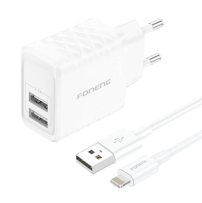 Foneng EU53 20W 2xUSB-A, 2.4A tīkla lādētājs (balts) + USB-A uz Lightning kabelis