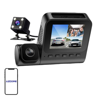 1080p priekšējā kamera, 1080p iekštelpu kamera un VGA aizmugurējā kamera Azdome V600-3CH, G-sensors