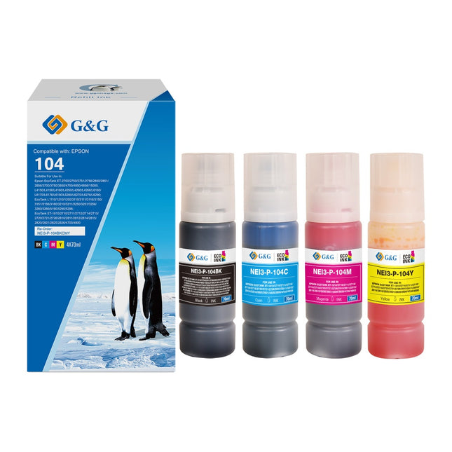 G&G Compatible Epson C13T00P140/C13T00P240/C13T00P340/C13T00P440 (104) Ecotank Ink BK/C/M/Y-0