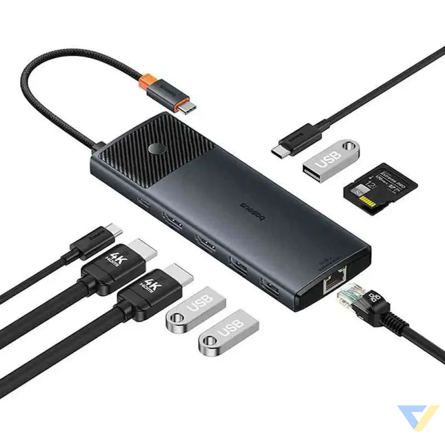 Adapter Hub 10in1 Baseus USB C 2xHDMI 3xUSB A USB C RJ45 SD/TF PD (black) Hubs