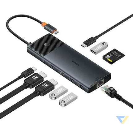 Adapter Hub 10in1 Baseus USB C 2xHDMI 3xUSB A USB C RJ45 SD/TF PD (black) Hubs